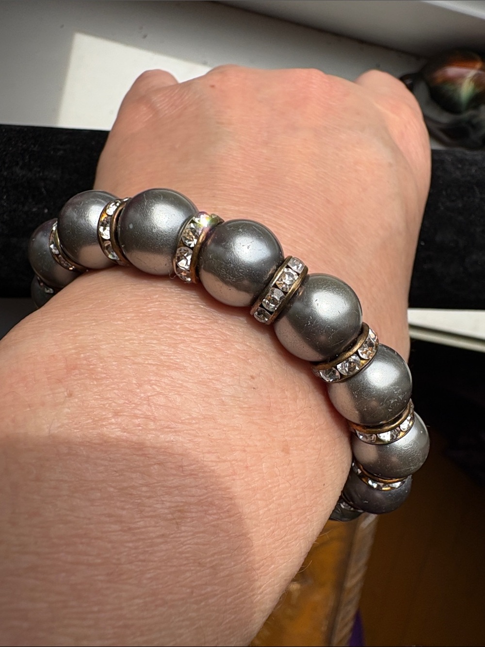 Vintage Gray Metallic Pearl & Rhinestone Stretch statement Bracelet | #238